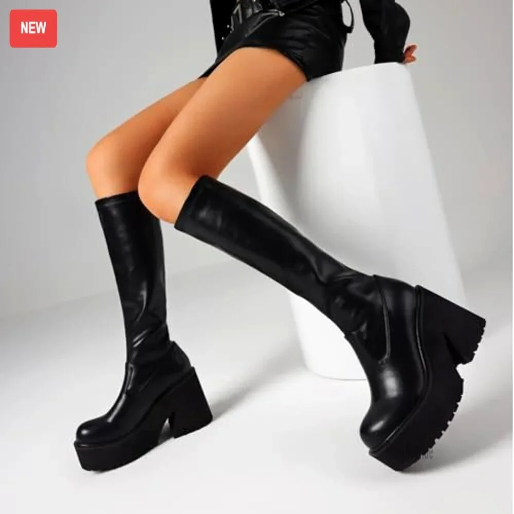 Women's Knee High Platform Boots with Chunky Heel, Zipper & Elastic Leather - Picture 3 of 7